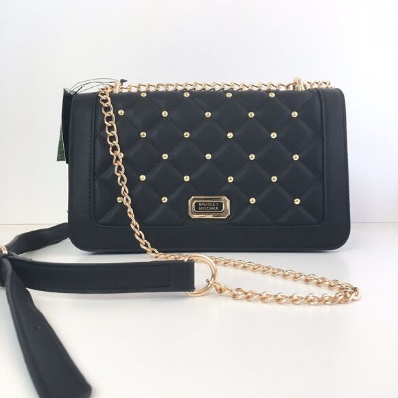 Badgley Mischka Handbags - Badgley Mischka Crossbody Purse Bag Black Quilted Gold Studs Chain Faux Leather